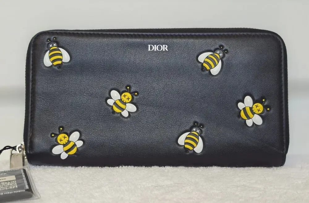 Dior Women’s Black/Yellow/White Bee Zip-Around Wallet, Logo, Card Slots w/COA